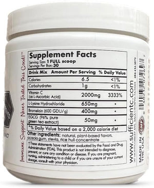 Sufficient-C High Dose Non-GMO Vitamin C Lemon Peach Immune-Ade Drink Mix Convenient 125 Gram Size w/L-lysine Bromelain &amp a Premium 96% Pure Green Tea Extract - Stomach Friendly Adrenal Support