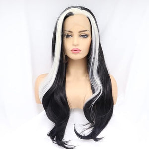 Natural Black Wig Synthetic Streaked Black/Blonde Mixed Lace Front Wigs For Women Hair Heat Resistant Fiber Long Straight Wigs Cosplay Part