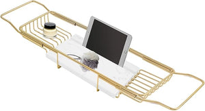 Stainless Steel Bathtub Tray, Expandable Marble Bath Tray for Tub, 44.09 lbs Capacity Bath Caddy for Bathtub Bathroom Accessories for Home Spa (Gold + White)