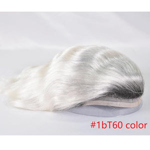 Men's Toupee 10"¡¿8" European Virgin Human Hair Toupee Hair pieces for Men Thin Skin Hair Replacement System Lace Front+ Mono Net with PU around Base for Men (#1bT60R color)