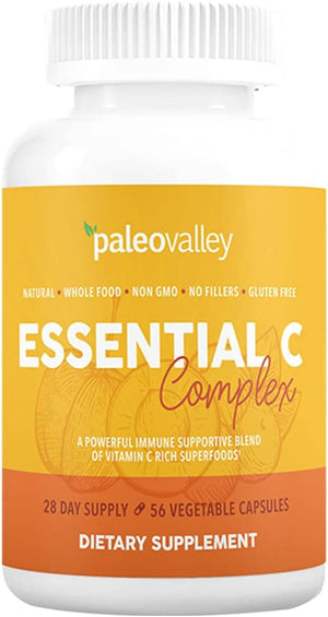 Paleovalley Essential C Complex - Vitamin C Supplement for Immune Support - 1 Pack 450mg - Organic Superfoods Unripe Acerola Cherry Camu Camu Amla Berry - No Synthetic Ascorbic Acid - USA Made