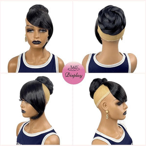 Bun with Bang Set 2pcs - Large Twist Braided Bun with Long Swoop Side Bangs Fringe Clip-in Synthetic Hairpiece for Black Women