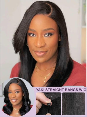 Yiroo Light Yaki Straight Wig Human Hair with Side Swept Bangs7x5 Lace Front Bye Bye Knots Glueless Wig Human Hair Pre Plucked Pre CutElastic Drawstring Wear and Go Wig for Women 150% Density 14Inch