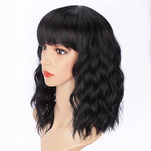 AISI HAIR Bob Curly Wig Synthetic Short Black Wig with Bangs Natural Looking Heat Resistant Fiber Hair for Women