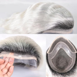 Men's Toupee 10"¡¿8" European Virgin Human Hair Toupee Hair pieces for Men Thin Skin Hair Replacement System Lace Front+ Mono Net with PU around Base for Men (#1bT60R color)