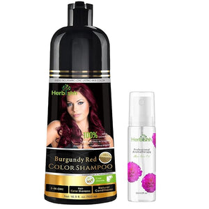 Herbishh Burgundy Hair Color Shampoo - 3-In-1 Magic Dye for Gray Hair 500 Ml + Essential Flower Hair Oil - Organic Formula for Dry Damaged Hair 60 ML