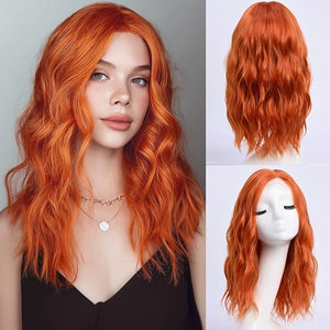 Medium Length Orange Wavy Wigs for Women 18 Inch Middle Part Wavy Orange Wig Natural Looking Synthetic Heat Resistant Fiber Wig for Daily Party Use (18 inch)