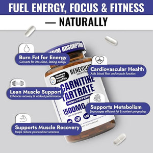 Benevolent L Carnitine Supplement - High Potency 1500mg L-Carnitine Tartrate - Fast Absorbing Convert Fat to Energy Support Lean Muscle Boost Workout Performance &amp Metabolism ? 120 Vegan Capsul