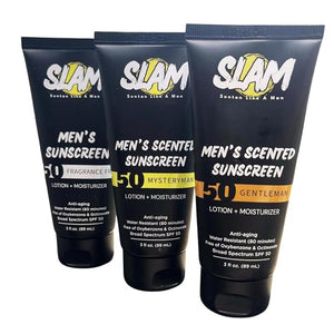 SLAM Men's Sunscreen Lotion SPF 50 &amp Moisturizer ? Face &amp Body Sunblock Anti-Aging Water-Resistant Hawaii Act 104 Safe Skincare for Men Scented &amp Unscented ? 3 fl oz. each- Trio pack.