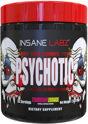 Insane Labz Psychotic High Stimulant Pre Workout Powder Extreme Lasting Energy Focus and Endurance with Beta Alanine Creatine Monohydrate DMAE 35 Srvgs (Strawberry Lemonade)