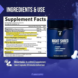 Night Shred Fat Burner and Natural Sleep Support | Ashwaganda 5-HTP CLA Melatonin | Appetite Suppressant | Weight Loss Support Nighttime Fat Burning (60 Vegetarian Capsules)