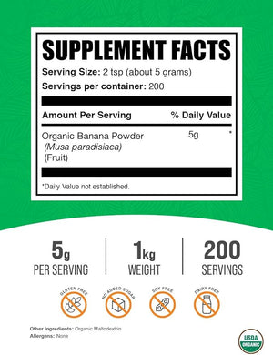 BulkSupplements.com Organic Banana Powder - Banana Fruit Powder, Nutrient Rich - Air-Dried &amp; Gluten Free, 5g per Serving, 1kg (2.2 lbs) (Pack of 1)