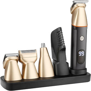 Mens Beard Trimmer 5 in 1 Cordless Hair Trimmer Kit Waterproof Electric Nose Hair Trimmer USB Rechargeable and LED Display Hair Cutting Kit (Golden)