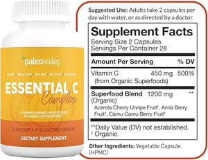 Paleovalley Essential C Complex - Vitamin C Supplement for Immune Support - 1 Pack 450mg - Organic Superfoods Unripe Acerola Cherry Camu Camu Amla Berry - No Synthetic Ascorbic Acid - USA Made