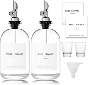 Mouthwash Dispenser for Bathroom 12.7 oz 2 Pack - Glass Mouthwash Bottle with 304 Stainless Steel Spout &amp Minimalist Labels Style Mouthwash Container Silver