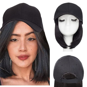 Hairro Hat Wig Hair Extension Baseball Hat with Hair Attached Short Bob Hairstyle Adjustable Synthetic Cap Hair Extensions For Women Chemo Wig 11 170g #2A Natural Black