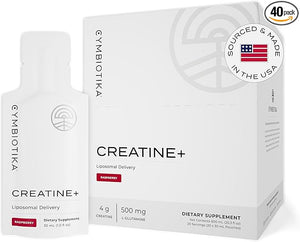 CYMBIOTIKA Creatine+ Creatine and Glutamine Supplement for Amino Energy Recovery Muscle Mass &amp Brain Support Liposomal Delivery Gluten Free &amp Vegan Raspberry Flavor - 30ml Pouches (Pack