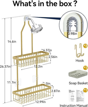 YASONIC Shower Caddy Hanging, Never Rust Shower Organizer Hanging, Aluminum Shower Racks for Inside Shower with Hooks for Razor, Bathroom Organizers and Storage with Soap Holder, Gold