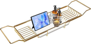 BVL Bathtub Tray Stainless Steel with Marble Base Gold Bathtub Tray with White Marble Base Adjustable &amp; Rustproof Bath Caddy for Spa, Relaxation, Bath Bombs