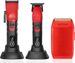 Supreme Trimmer 3-in-1 Barber Bundle | 2Spee Clipper, 2Spee Trimmer &amp; Crunch Foil Shaver | Professional Beard Trimmer Men¡¯s Hair Clipper Kit | Red