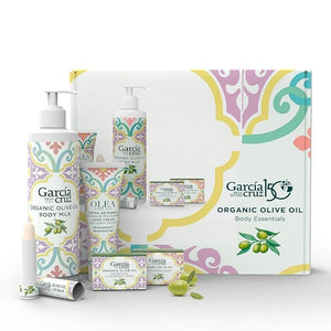 Olive Oil Body Essentials Kit by Garcia de la Cruz Extra Virgin Olive Oil Infused Skin Care Gift Set includes Body Milk Lip Balm Hand Cream and 2 Soaps