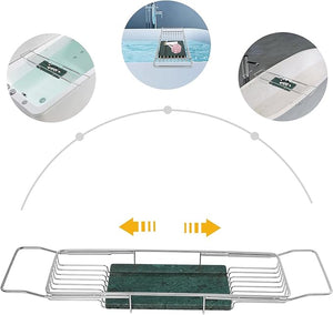 Stainless Steel Bathtub Tray Expandable Marble Bath Tray for Tub 44.09 lbs Capacity Bath Caddy for Bathtub Bathroom Accessories for Home Spa (Silver + Green)