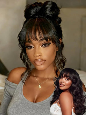 Julia Hair Bye Bye Knots Curtain Bangs Wig Glueless Fluffy Natural Loose Wave Pre Cut 7x5 HD Lace Front Wigs Invisible Pre Plucked Pre Everything Body Wave Put on and Go Wig for Women 18 Inch