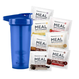 TransformHQ Meal Replacement Shake Variety Box With Blue Shaker 7 Single-Serving Shake Packs