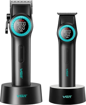 VGR 001 &amp 977 Professional Hair Clippers for Men Cordless Barber Clippers and Zero Gap Trimmers Set DLC Coating Blade Hair Cutting Kit with LED Display USB Rechargeable Barber Set(Black)