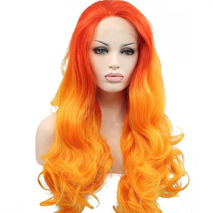 Orange Ombre Synthetic Lace Front Wigs Red Orange Body Wave Free Part 180% Density Half Hand Tied Heat Resistant Fiber Hair for Women 24