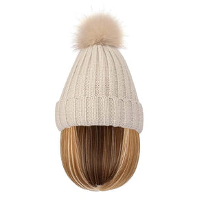 Women Caps with Hair Knit Beanie Cap with Extensions Short Straight Hairstyle Hat Wigs Winter Knitted hat bob Wig