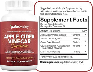 Paleovalley Apple Cider Vinegar Complex with Superfoods - Turmeric Ginger Ceylon Cinnamon and Lemon - 84 Vegetable Capsules