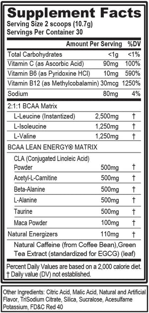EVL BCAA Lean Energy Powder - Pre Workout Green Tea Fat Burner Support with BCAAs Amino Acids and Clean Energizers - Post Workout Recovery Drink for Lean Muscle Recovery - Cherry Limeade