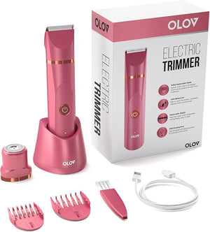 OLOV Electric Body Hair Trimmer - Groin Trimmer for Men - Bikini Trimmer Women - Wet/Dry Shaver Groomer Replaceable Ceramic Blade Heads USB Recharge Dock Waterproof Hygiene Razor Red