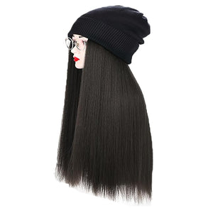 Women Winter Beanie Hat Wig Knit with Long Straight/Wig Wavy Curly Hair Wig Attached 23.6 Inch Synthetic Hairpiece