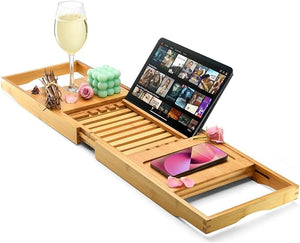 Luxury Foldable Bathtub Tray Caddy - Waterproof Wooden Bath Organizer for Wine Book Soap Phone - Expandable Size Fits Most Tubs