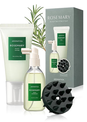 AROMATICA Rosemary Scalp Care Gift Set - Hydrating Scalp Treatment with Rosemary Enhancer Rosemary Scalp Scrub and Dual Scalp Brush - Free from Sulfate Silicone and Paraben Korean Hair Care.