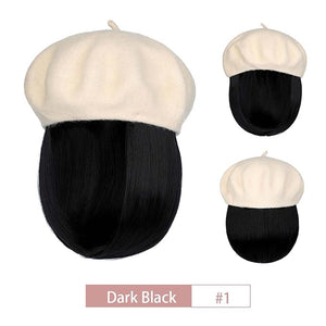 Hat Wig Beret Hat with Hair Extensions Classic French Wool Hat Straight Short Bob Hairpiece Women Bob Wig Hats