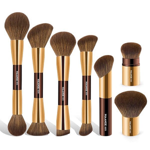 MAANGE 7pcs Makeup Brush Set Double Sided Kabuki Makeup Brushes Contour Brush for Foundation Liquid Powder Concealer Cream Cosmetics Bronzer Blending Blush Buffing Makeup Tools (Coffee Gold)