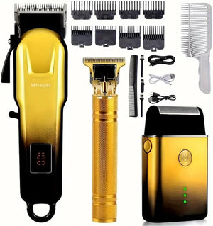 Professional Golden Hair Clipper &amp Trimmer Set - USB Rechargeable Hair Cutting Kit with LCD Display (B)