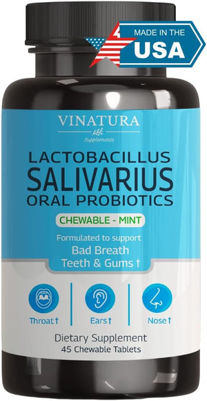 VINATURA Lactobacillus Salivarius Oral Probiotics - Mouth Bad Breath Treatment for Adults, Dental probiotics for Teeth and Gums, Throat, Ear, Nose - 45 Chewable Mint Tablets
