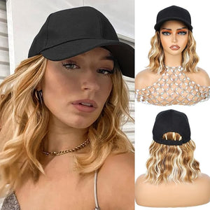 GUOJIAN Hat Wigs for Women 6' Short Wave Baseball Cap Wigs with Curly Hair Extensions Synthetic Wave Wig Adjustable Hat with Hair Attached for Daily Use (B27/613 6inch)