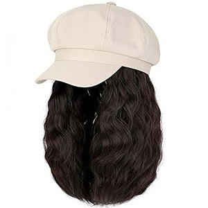 YEKEYI Beret Hat with Hair Newsboy Cap with Bob Hair Extensions Hat Wig Visor Beret Short Curly Wavy Hairpiece for Women