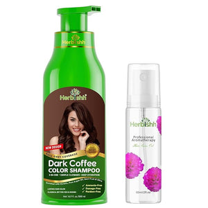 Herbishh Dark Coffee Hair Color Shampoo - 3-In-1 Magic Dye for Gray Hair 500 Ml + Essential Flower Hair Oil - Organic Formula for Dry Damaged Hair 60 ML