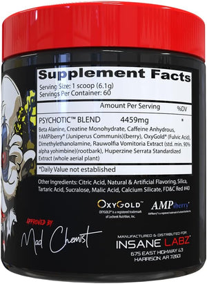 Insane Labz Psychotic High Stimulant Pre Workout Powder Extreme Lasting Energy Focus and Endurance with Beta Alanine Creatine Monohydrate DMAE 60 Srvgs Watermelon