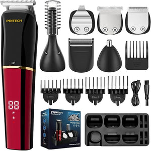 PRITECH Beard Trimmer for Men6 in 1 Hair Clippers Kit Precision Cordless Grooming Kit Waterproof IPX6 for Beard Hair Body Nose Ear with Foil Razor (Red)