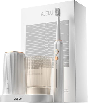 Electric Toothbrush Set with Drying &amp Sanitizing Holder 8 Replacement Brush Heads Transparent Rinse Cup Smart Timer USB Rechargeable for Adults