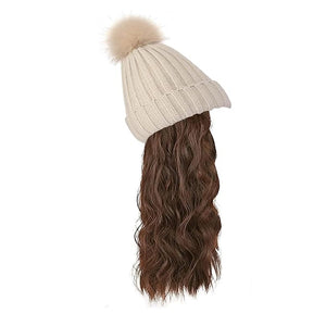 Women Winter Beanie Hat with wig Big Wavy Curly Hair Extensions Knit ski snow Cap Attached Party Daily Weddings wig