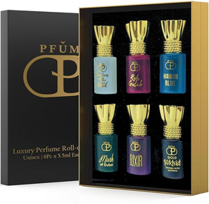 PFUM_Luxury Alcohol Free Long Lasting Roll-On Attar Perfume Gift Set For Unisex 6Pcx5.5ml Each Total 33ml (Ruh Gulab Hawaii Blue White Oud)