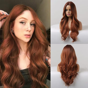 Wavy Wigs Human Hair Mixed Synthetic for Women Long Curly Ombre Black to Pink Middle Part No Lace Daily Cosplay Party